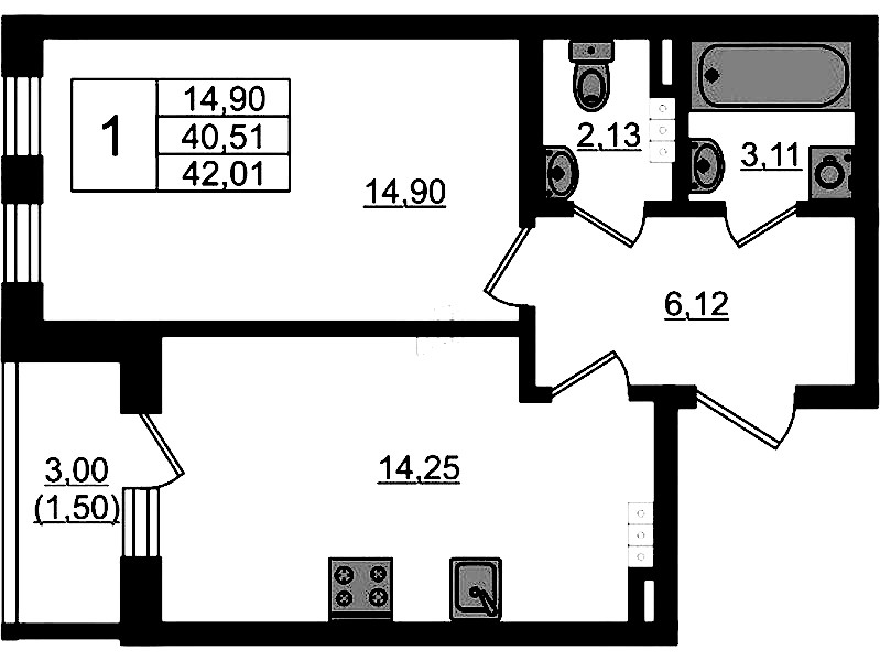 1-комнатная квартира 42.01 м², 4/4 эт., ЖК «Новая история»